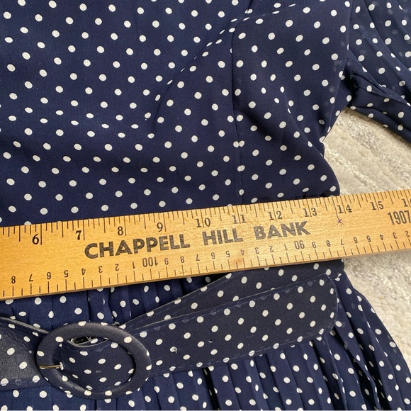 Chicwish Navy Polka Dot Midi Dress Pleated Long Sleeve Belted - Picture 15 of 16